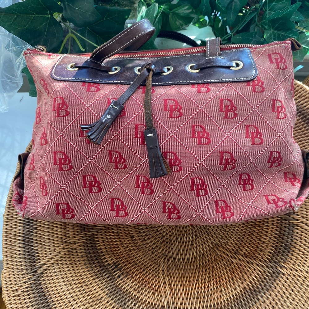 Dooney & Bourke Pink Red Fabric Signature DB Tassel Shoulder Bag Satchel Purse